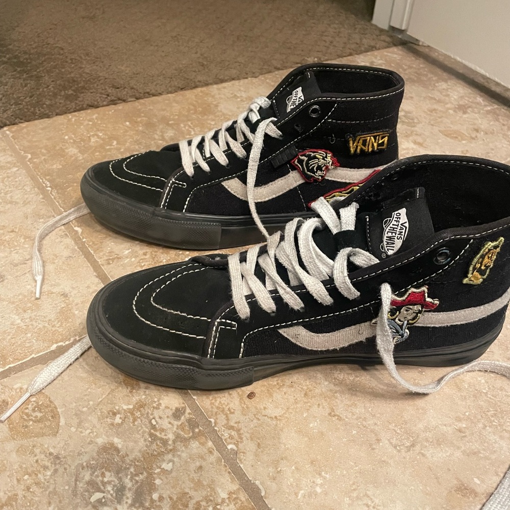Very cool Black high top vans with custom Velcro patches